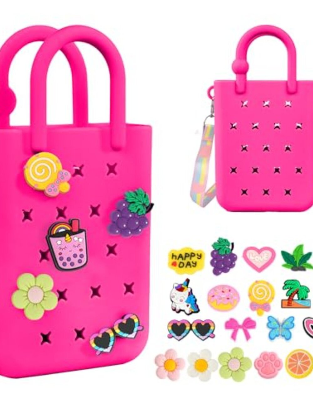 Silicone Small Rubber Beach Bag with 20 Charms Adjustable Strap Mini Tote